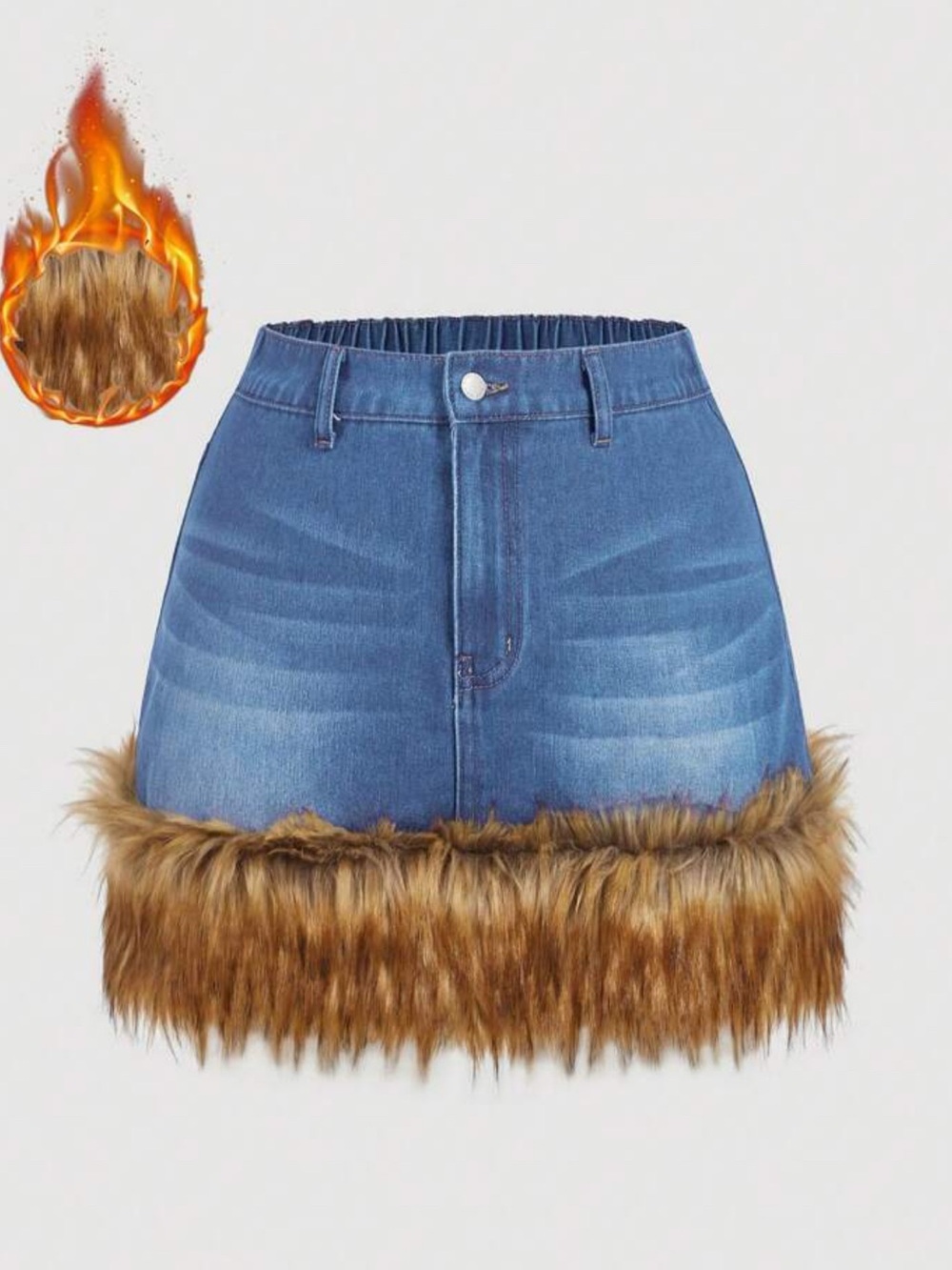Faux Fur Trim Denim Mini Skirt - Blue NWT